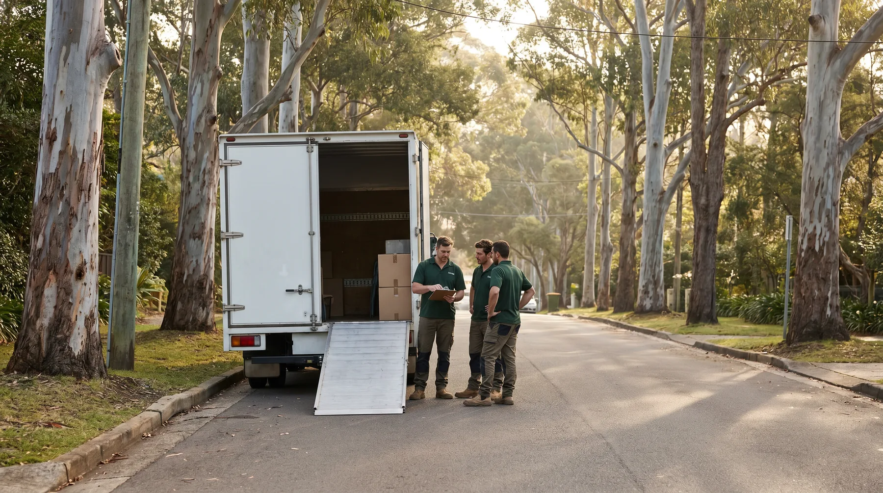 A small removals crew talking through the day's plan at the truck ramp on a leafy street