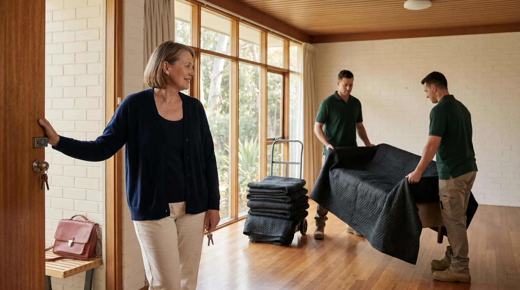 A woman standing in the doorway of her emptied living room, keys in hand, movers finishing behind her
