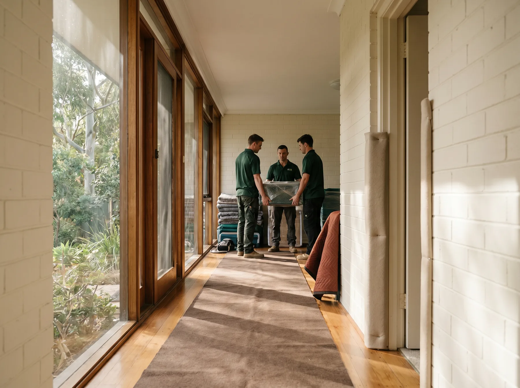 Felt floor runners laid along a timber hallway, movers carrying a wrapped item at the end