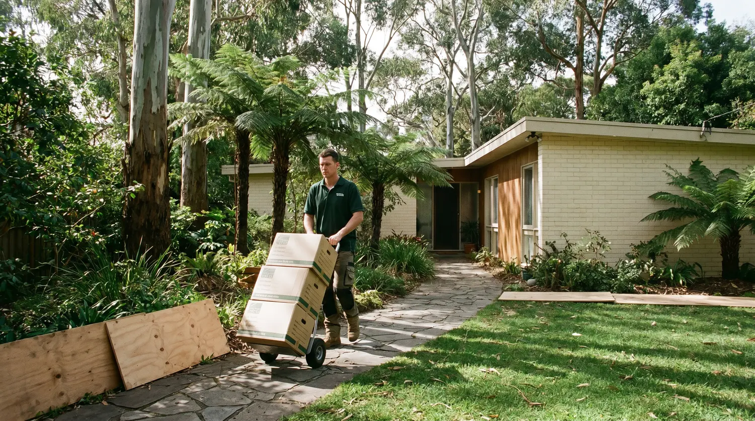 A removalist wheeling cartons down a long garden path under tree ferns and gums