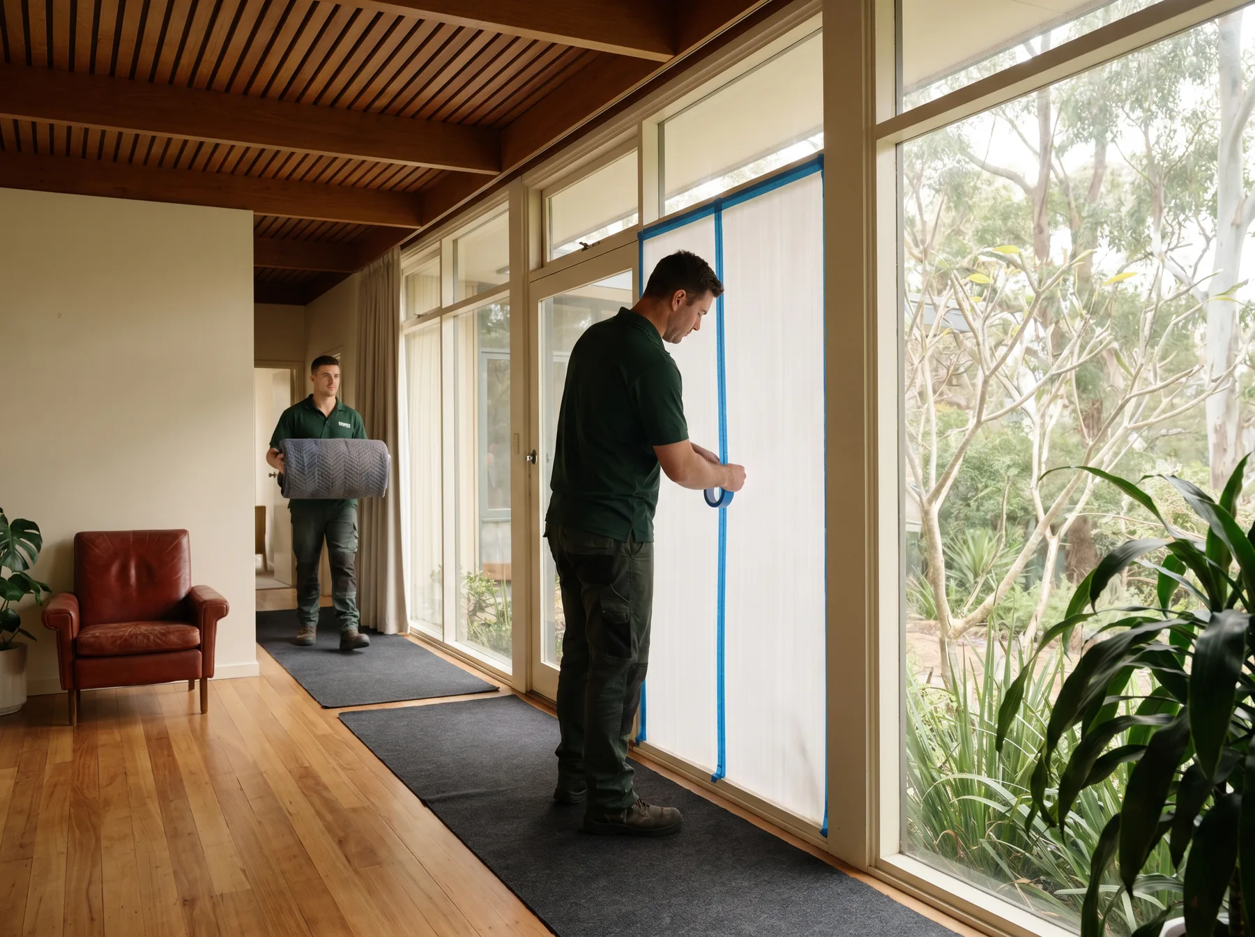 A removalist taping protective board over a floor-to-ceiling glass wall, felt runners on the floor