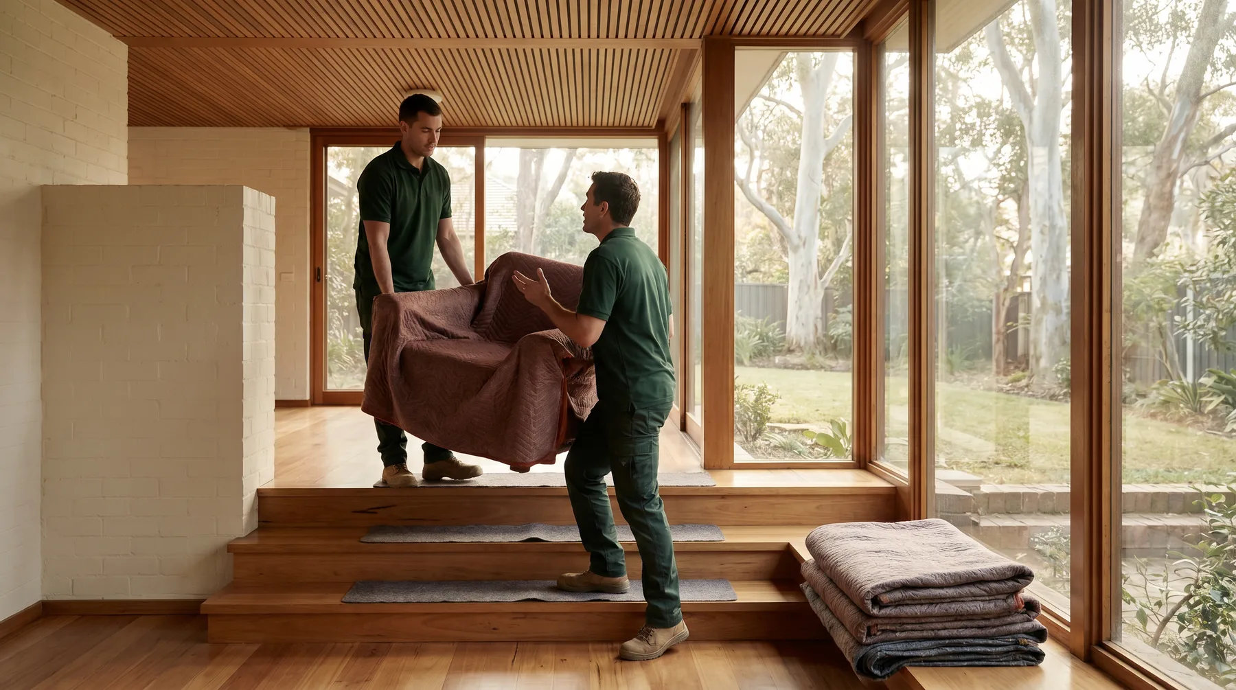 Two removalists carrying a wrapped armchair down a half-flight into a sunken lounge