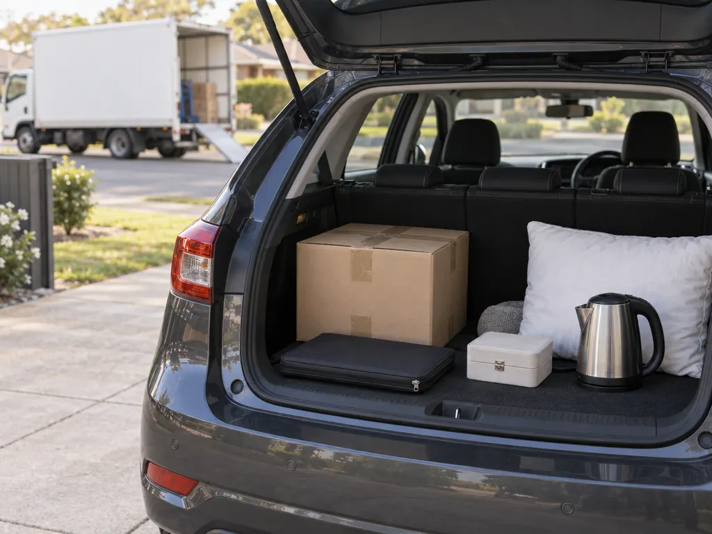 The open boot of a right-hand-drive hatchback in a suburban driveway, holding one taped cardboard box, a zipped document wallet, a small jewellery case, a kettle and a pillow, with a plain unmarked removal truck out of focus at the kerb behind.