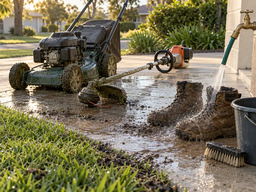 A lawnmower, whipper snipper and muddy boots being hosed clean on a driveway before an interstate move.