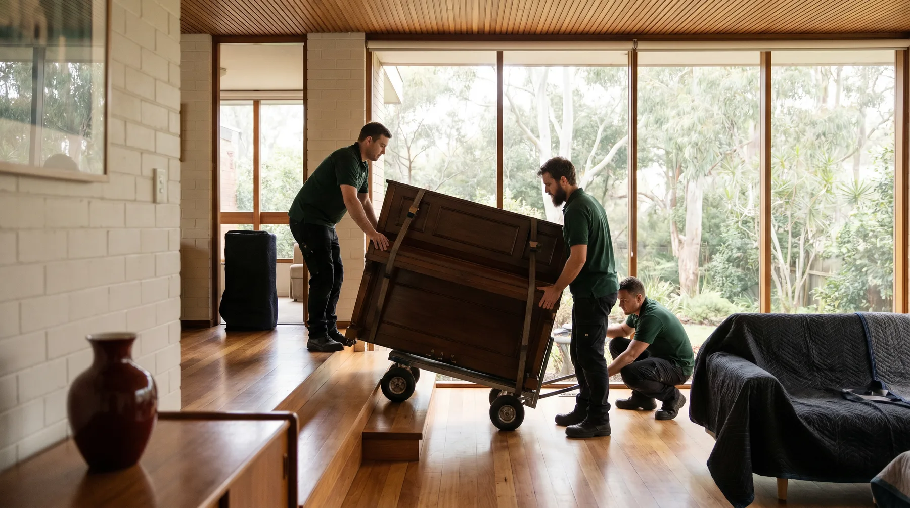 Three removalists easing an upright piano on a trolley at the top of a half-flight