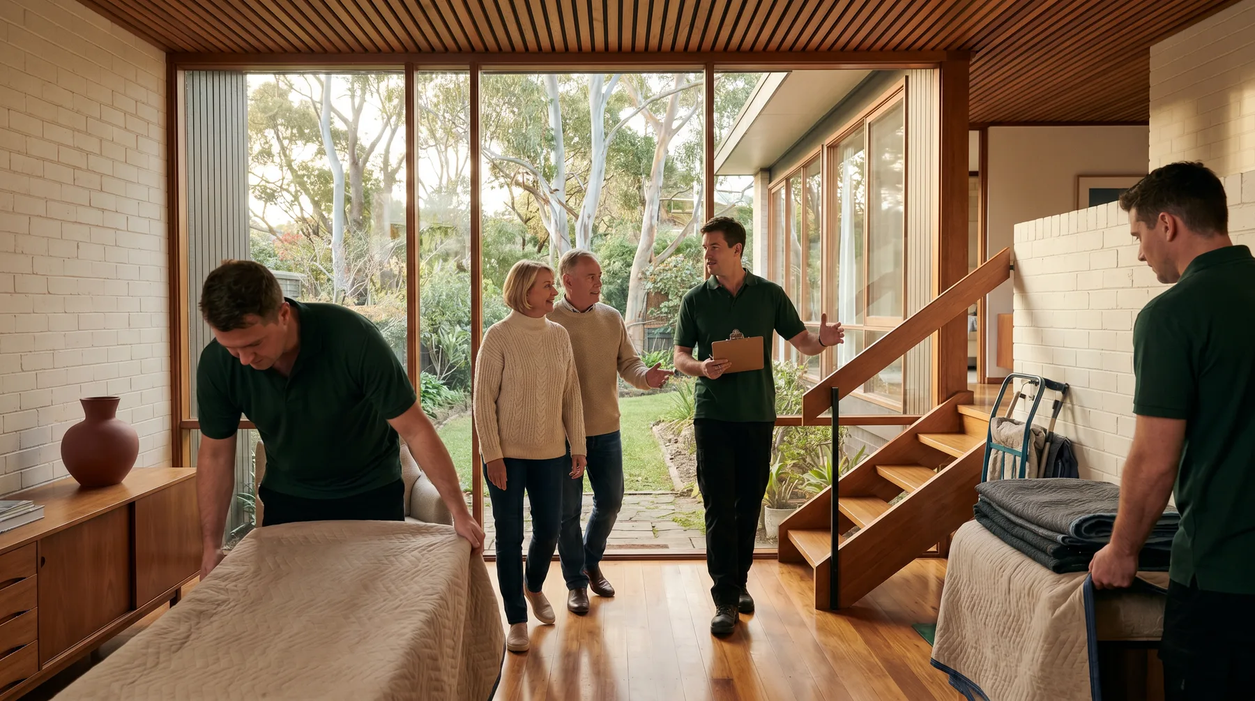 A removalist walking a homeowner couple through their house with a clipboard