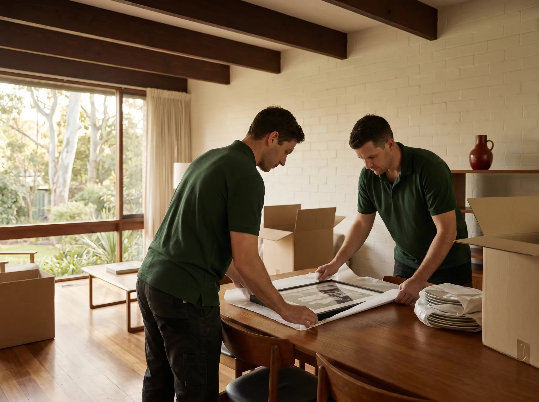 Movers wrapping a framed family photograph in packing paper at a timber dining table